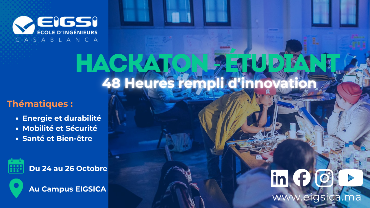 Affiche du Hackathon Étudiant EIGSI Casablanca 2025 – 48 heures d’innovation du 24 au 26 octobre